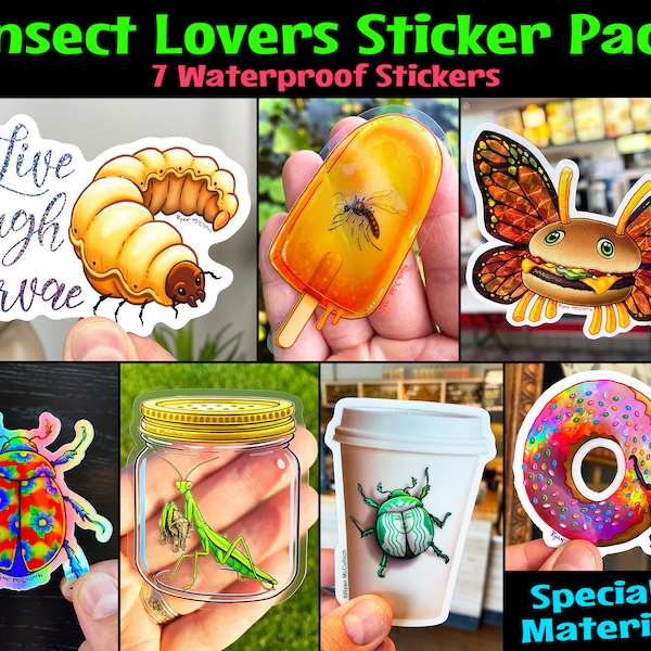 7 SPECIALTY INSECT STICKERS: Clear, Holographic, Glitter, Prismatic Stickers of Larvae, Praying Mantis, Butterfly, Dung Beetle, Scarab, bugs