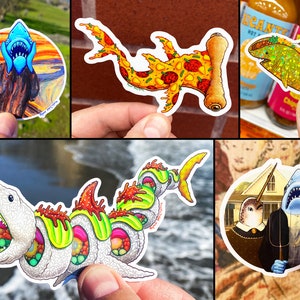 Shark Sticker Pack of 5: Vinyl, Holographic & Glitter WATERPROOF Stickers of funny Sharks, Great White, blue shark, Hammerhead shark sticker
