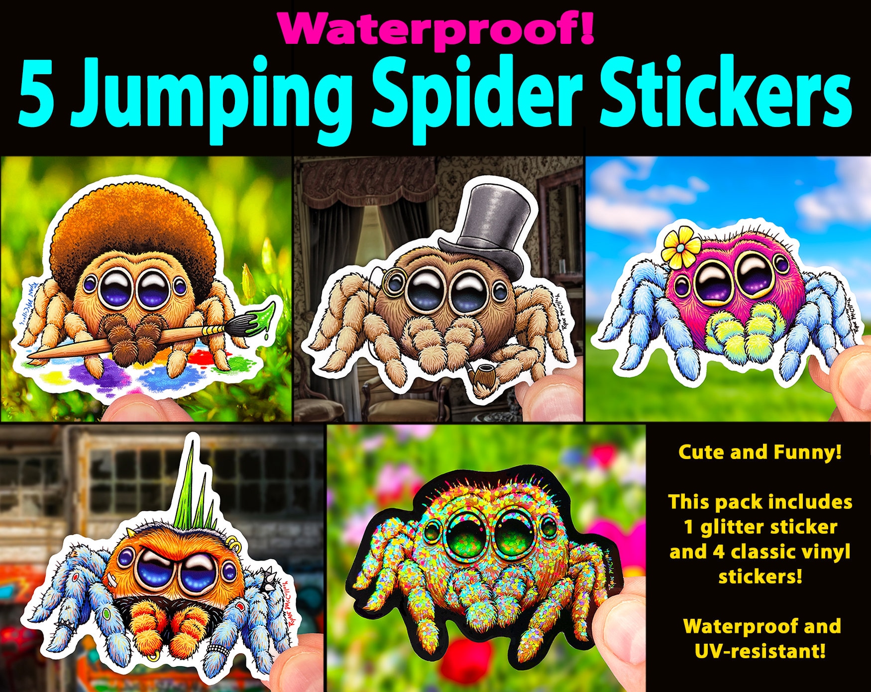 Simple Spider Sticker CUTE JUMPING SPIDER Stickers! Sticker-pack With 5 Waterproof Stickers ...