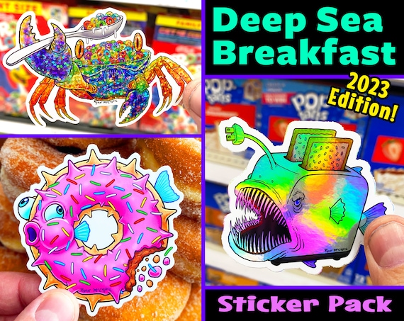 Breakfast Ocean Animals Sticker Pack of 3: Glitter, Holographic & Vinyl Decals, Pop Tart Anglerfish, Donut Pufferfish, Fruit Loops Crab, Fun