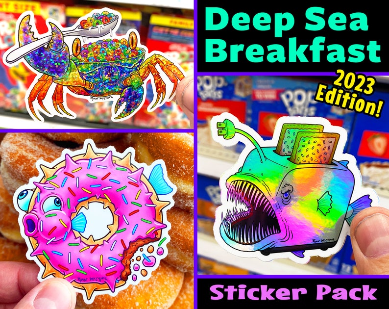 May include: A sticker pack featuring three colorful, cartoon-style illustrations of a crab holding a bowl of cereal, a pufferfish shaped like a donut, and a anglerfish with a toaster on its head. The text "Deep Sea Breakfast 2023 Edition! Sticker Pack" is at the bottom of the image.