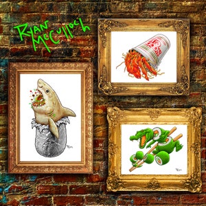 Signed Art Print: Gator Roll Alligator Sushi, Surreal Art, Funny modern painting for unique home decor chopsticks, sashimi, alligator art image 5