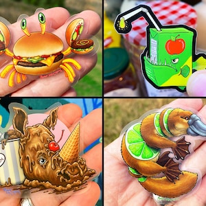 Food Animal STICKER PACK of 4 Transparent & Holographic Stickers, Cheeseburger Crab,  lime platypus, ice cream rhinoceros, juice box fish