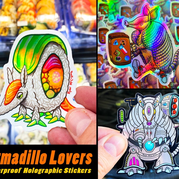 3 Holographic Armadillo Stickers: MechaDillo, Uramaki Sushi Armadillo & Traveling Armadillo, Cute funny gifts, Car Decals, odd Sticker-Pack