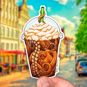 FLER BLÄCKFISK-KLISTERMÄRKER! 6 vattentäta klistermärken med roliga bläckfiskar som mat och kaffe! Glittriga, transparenta och 3D-klistermärken! Munk-, bläckfisk- och pajkonst bild 4