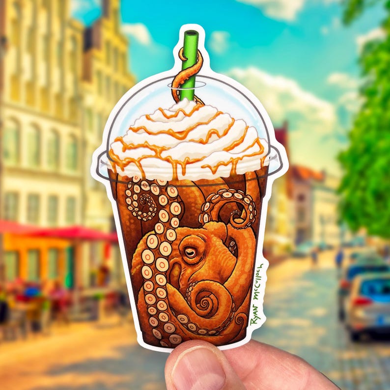 FLER BLÄCKFISK-KLISTERMÄRKER! 6 vattentäta klistermärken med roliga bläckfiskar som mat och kaffe! Glittriga, transparenta och 3D-klistermärken! Munk-, bläckfisk- och pajkonst bild 4