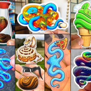 May include: A set of nine colorful stickers featuring different snake designs. The stickers are printed on clear vinyl and have a glossy finish. The designs include a snake wrapped around a cinnamon roll, a snake eating a pizza slice, a snake wrapped around a candy cane, a snake in a glass bottle, a snake in a coffee pot, a snake in a cone of ice cream, and a snake with iridescent scales.