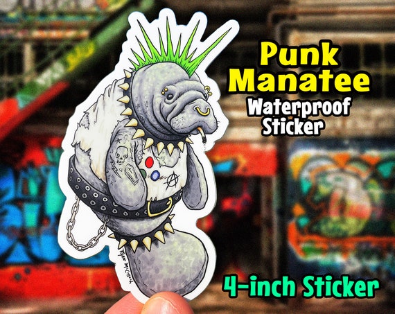 PUNK MANATEE STICKER! Waterproof Sticker! Vinyl Sticker! Manatee Tattoo.  Sea Cow! Grunge Rock Gift! Florida Sticker! Car Sticker! Humor art