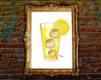 Podpisany wydruk: „Spiked Lemonade” Malowanie rozdymki, Sztuka surrealistyczna, Sztuka cytrynowa, Żółty sok z cytryny, Sztuka psychodeliczna, Dziwna sztuka, Odjechana dekoracja ścienna