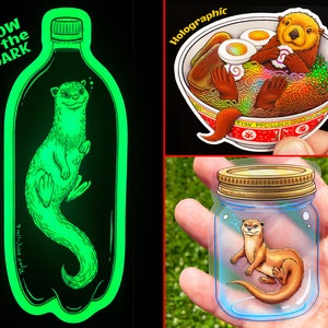 Otter Sticker 3er Pack: Glow-In-The-Dark, klare & holografische Sticker! Wasserfest! Seeotter, Flussotter, niedliche Babyotterkunst, Ramen,
