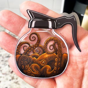 FLER BLÄCKFISK-KLISTERMÄRKER! 6 vattentäta klistermärken med roliga bläckfiskar som mat och kaffe! Glittriga, transparenta och 3D-klistermärken! Munk-, bläckfisk- och pajkonst bild 5