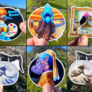 6 berühmte Gemälde Parodie Aufkleber mit Tieren: Bob Ross, Der Schrei, Mädchen mit dem Perlenohrring, Große Welle vor Kanagawa, Norman Rockwell