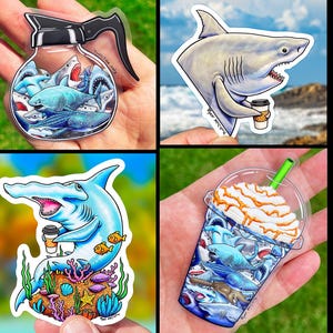 COFFEE SHARK Sticker-Pack of 4: Vinyl & Transparent WATERPROOF Stickers of funny Sharks, Great White, blue shark, Hammerhead shark sticker