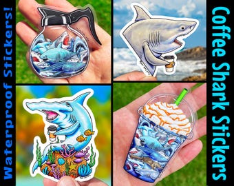 COFFEE SHARK Sticker-Pack of 4: Vinyl & Transparent WATERPROOF Stickers of funny Sharks, Great White, blue shark, Hammerhead shark sticker