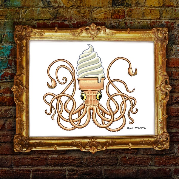 Signed Art Print: "Squoft Squerve" Giant Squid Soft Serve Surreal Painting, Ice Cream Cone Cephalopod, Humorous Colossal Squid Tentacle Art