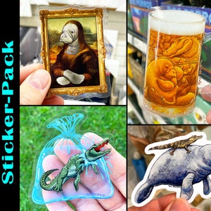 FLORIDA Sticker-Pack: 4 Transparent & Classic Vinyl Stickers of Manatees and Alligators! Mona Lisa, Beer Stein, Florida State Art Humor, bag