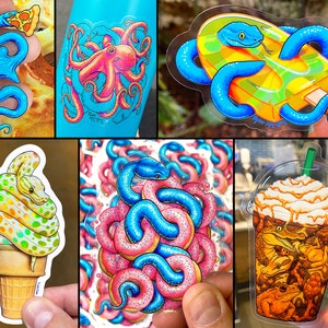 Lot d'autocollants SNAKE LOVERS : 6 autocollants transparents, Holo et vinyle ! Serpent de crème glacée molle ! Serpent beignet ! Pizza, Popsicle, Café Frappuccino, Voiture