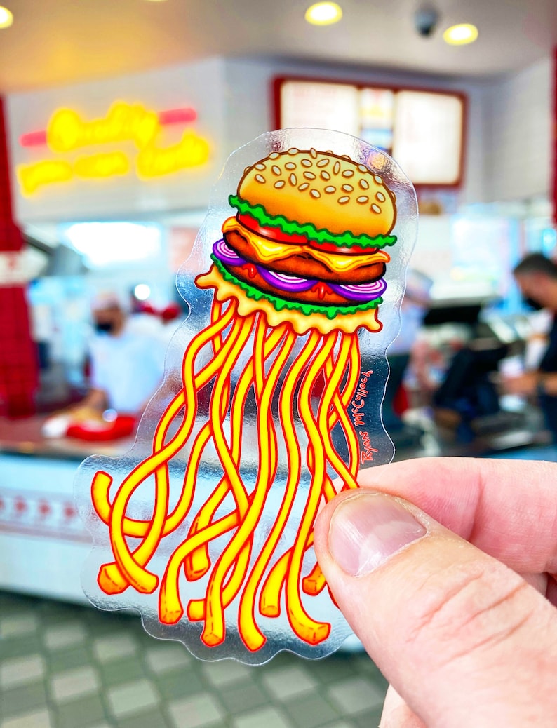 Food Animals STICKER PACK: 4 Glitter, Holographic & Clear Stickers, Alligator Gatorade, Cheeseburger Jellyfish, Cheetos Gecko, Cute Narwhal image 4