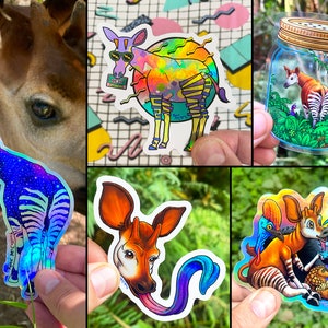 5 OKAPI STICKERS: Transparent & Holographic! Waterproof Water bottle Stickers! Gift For Okapi Lovers, 90&#39;s Style Humor, Congo Jungle, DRC