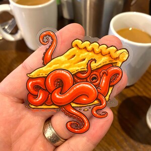 FLER BLÄCKFISK-KLISTERMÄRKER! 6 vattentäta klistermärken med roliga bläckfiskar som mat och kaffe! Glittriga, transparenta och 3D-klistermärken! Munk-, bläckfisk- och pajkonst bild 3