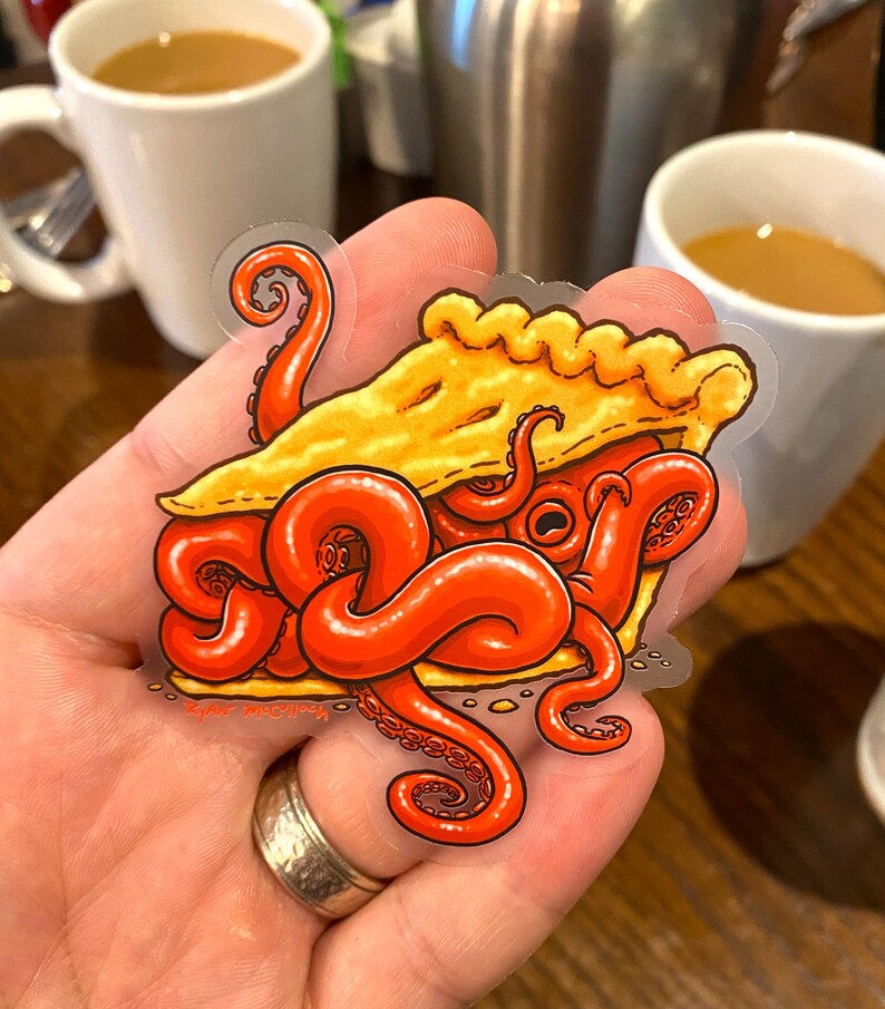 FLER BLÄCKFISK-KLISTERMÄRKER! 6 vattentäta klistermärken med roliga bläckfiskar som mat och kaffe! Glittriga, transparenta och 3D-klistermärken! Munk-, bläckfisk- och pajkonst bild 3