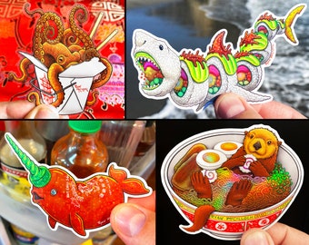 Asian Food Animal Sticker Pack of 4 Glitter, Transparent & Holo Stickers, Food Mashup: Sushi Shark, Ramen Otter, Sriracha Narwhal, Octopus