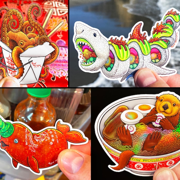 Asian Food Animal Sticker Pack of 4 Glitter, Transparent & Holo Stickers, Food Mashup: Sushi Shark, Ramen Otter, Sriracha Narwhal, Octopus
