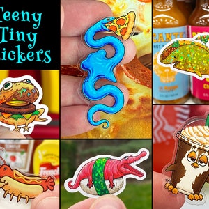6 autocollants minuscules et mignons pour animaux alimentaires ! Autocollants scintillants, transparents et Holo ! Taco Shark, Sushi Gator, Homard Hotdog, Frappuccino Penguin, Burger Frog