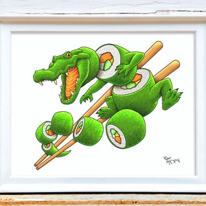 Signed Art Print: Gator Roll Alligator Sushi, Surreal Art, Funny modern painting for unique home decor chopsticks, sashimi, alligator art image 3