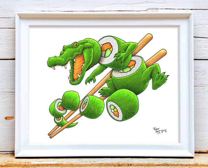 Signed Art Print: Gator Roll Alligator Sushi, Surreal Art, Funny modern painting for unique home decor chopsticks, sashimi, alligator art image 3