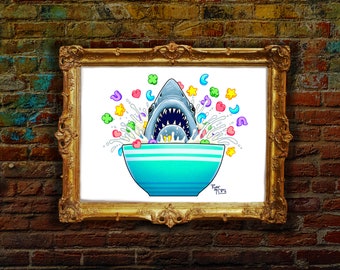 Podpisany wydruk: „Lucky Chums” Wielki biały rekin w misce na płatki Lucky Charms, dekoracja ścienna do kącika śniadaniowego, surrealistyczne malowanie dla dzieci, wybicie rekina