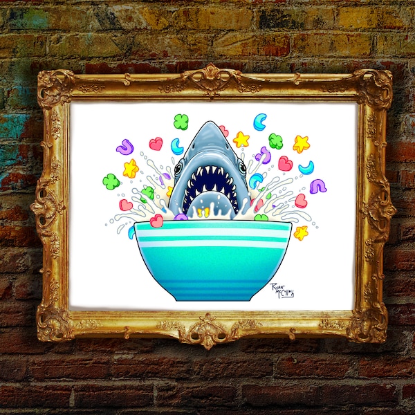 Signed Print: "Lucky Chums" Great White Shark In Lucky Charms Cereal Bowl, Breakfast nook wall art decor, Surreal Kid Painting, shark breach