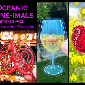 May include: A set of three waterproof stickers featuring a squid, a shark, and an octopus, each inside a wine glass. The stickers are part of an "Oceanic Wine-imals" sticker pack.