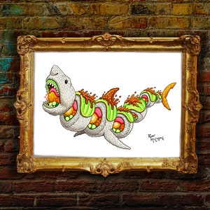 Signed Art Print: "Spicy Shark Roll" Surreal Painting, Great White Shark Sushi Roll, Japanese Food, Sashimi, Avocado, shark mouth picture