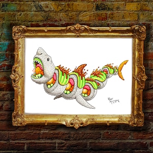 Signed Art Print: &quot;Spicy Shark Roll&quot; Surreal Painting, Great White Shark Sushi Roll, Japanese Food, Sashimi, Avocado, shark mouth picture
