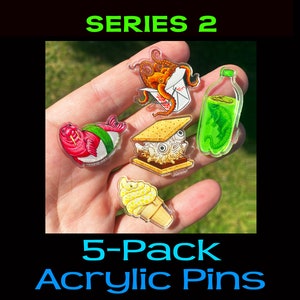 5 FOOD ANIMAL Acrylic Pins! Pufferfish S&#39;mores, Alligator Soda Bottle, Snake Soft Serve, Walrus Sashimi, Octopus Chinese Food, ice cream pin