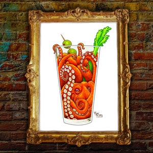 Signed Print: &quot;Eight Legged Bloody Mary&quot; Surreal Painting, Cocktail Art, Modern Beach House Decor, Red Octopus, Seafood Art, Weird Funky Art