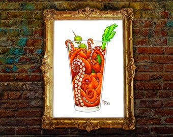 Podpisany wydruk: „Eight Legged Bloody Mary” Surrealistyczny obraz, sztuka koktajlowa, nowoczesny wystrój domu na plaży, czerwona ośmiornica, sztuka owoców morza, dziwna sztuka