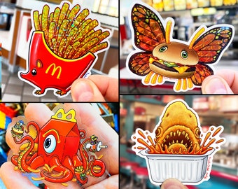 McDonimals STICKER PACK: 4 Glitter, Clear, Prismatic & Vinyl Stickers, Cheeseburger, Hedgehog French Fries, Happy Meal Squid, Fast Food, Art