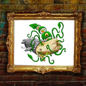 Signed Art Print: &quot;Mortal Enemies&quot; Surreal Painting of Sperm Whale Burrito vs. Giant Squid Sushi! Modern Nautical Wall Decor, Ryan McCulloch