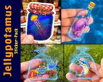 Jellypotamus CLEAR & HOLOGRAPHIC STICKER 4-Pack: Exotic Pets_Jellyfish_hippopotamus_marlin_ghost crab_swordfish_jelly jar_jam