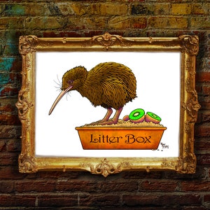 Signed Art Print: &quot;Kiwi Harvesting&quot; Surreal Painting, Kiwi Bird & Green Kiwi Fruit in Litter box. Kiwi Art. Bathroom Decor by Ryan McCulloch