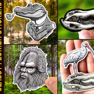 May include: Set of four waterproof stickers featuring illustrations of Florida wildlife. The stickers feature a gator in a suit, a gator skull, a white ibis on a gator skull, and the Skunk Ape.
