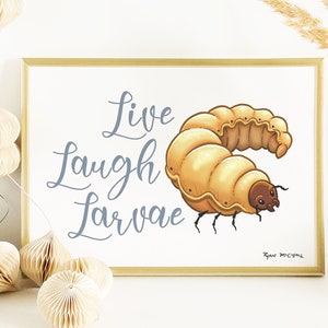 May include: A white framed print with the text "Live Laugh Larvae" in blue script. A cartoon illustration of a beige grub with a brown head is featured below the text.