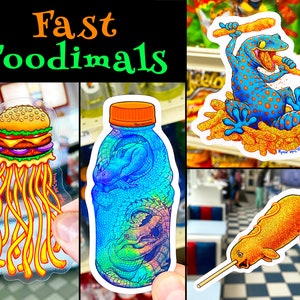 Food Animals STICKER PACK: 4 Glitter, Holographic & Clear Stickers, Alligator Gatorade, Cheeseburger Jellyfish, Cheetos Gecko, Cute Narwhal image 1