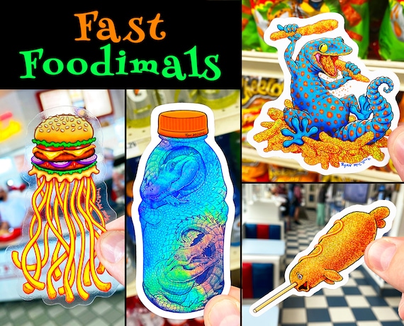 Food Animals STICKER PACK: 4 Glitter, Holographic & Clear Stickers, Alligator Gatorade, Cheeseburger Jellyfish, Cheetos Gecko, Cute Narwhal