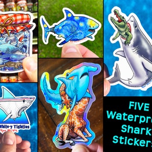 Shark Sticker Pack of 5, Vinyl & Holographic Decals for Water Bottles, Laptops, Etc. Funny Shark Stickers, Hammerhead, Great White, Van Gogh