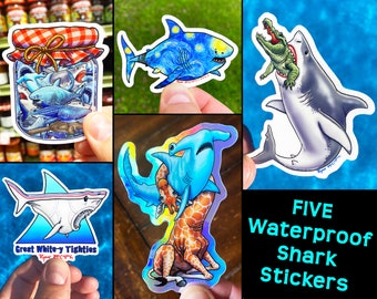 Shark Sticker Pack of 5, Vinyl & Holographic Decals for Water Bottles, Laptops, Etc. Funny Shark Stickers, Hammerhead, Great White, Van Gogh