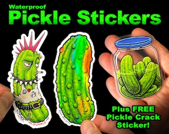 Gurken Aufkleber! 3 wasserfeste Aufkleber PLUS ein GRATIS Pickle Crack Aufkleber! Holographisches, klares und klassisches Vinyl! Tolle Geschenkidee! Lustiger Humor!
