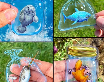 Clear Sticker 4-Pack, EXOTIC PETS: Narwhal Sticker, Manatee Sticker, Shark Sticker, Duck Billed Platypus Sticker, Vinyl Bottle Water Sticker